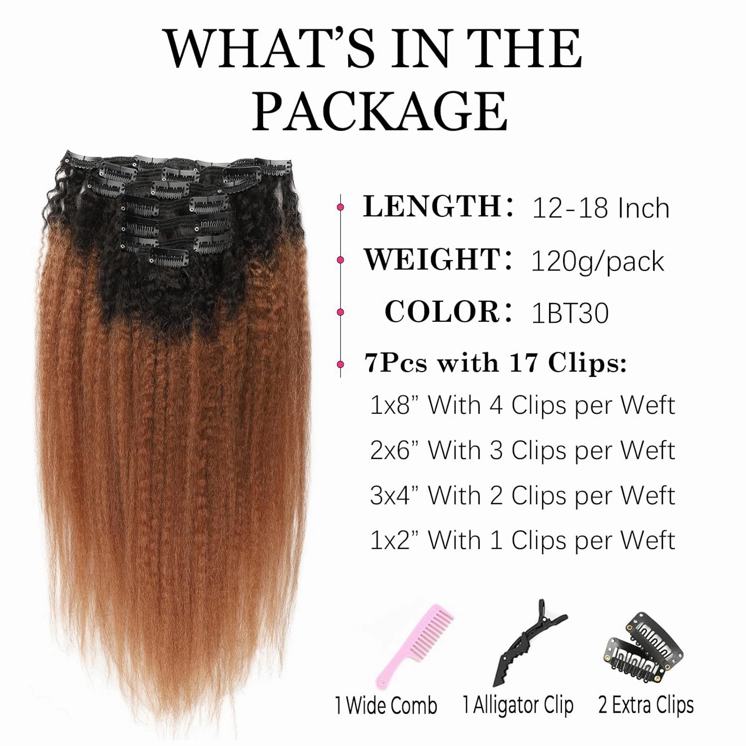 Kinky Straight Ombre Clip in Hair Extensions Real Human Hair Natural Black to Medium Auburn Kinky Straight Clip ins for Black Women Double Weft Hair Extensions 7Pcs 120g 14 Inch 1BT30