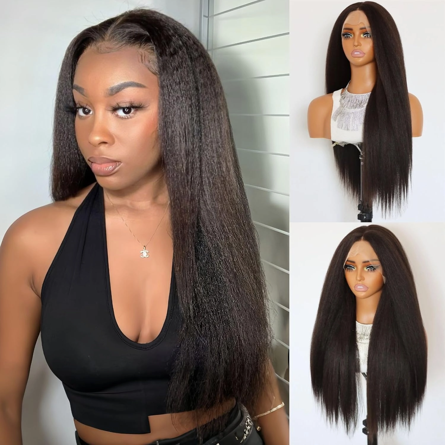 Kinky Straight Synthetic Wigs Yaki Straight 13x4 Lace Front Wig Pre Plucked Nature Hairline With 180% Density For Black Women(24Inch)