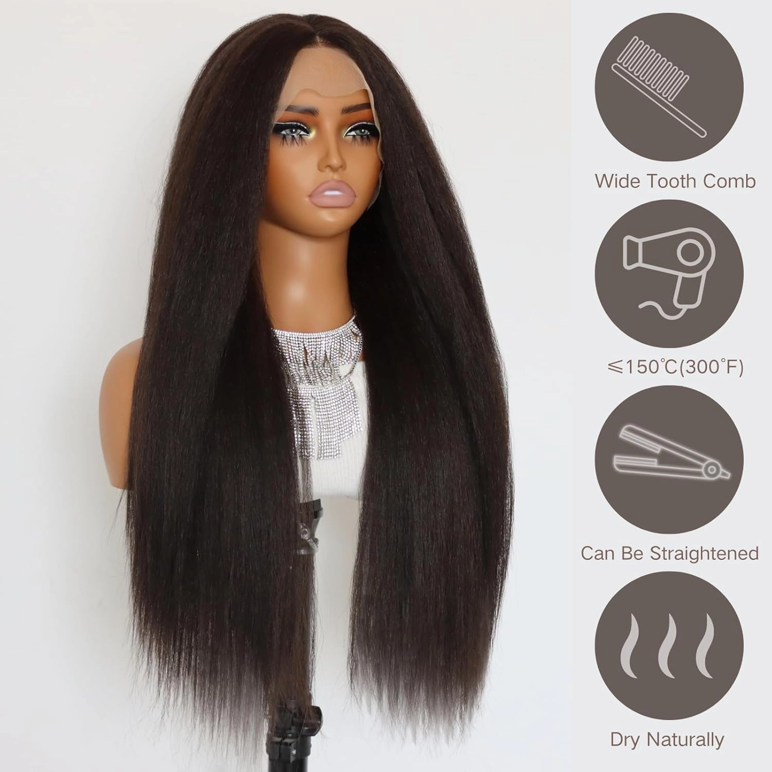 Kinky Straight Synthetic Wigs Yaki Straight 13x4 Lace Front Wig Pre Plucked Nature Hairline With 180% Density For Black Women(24Inch)