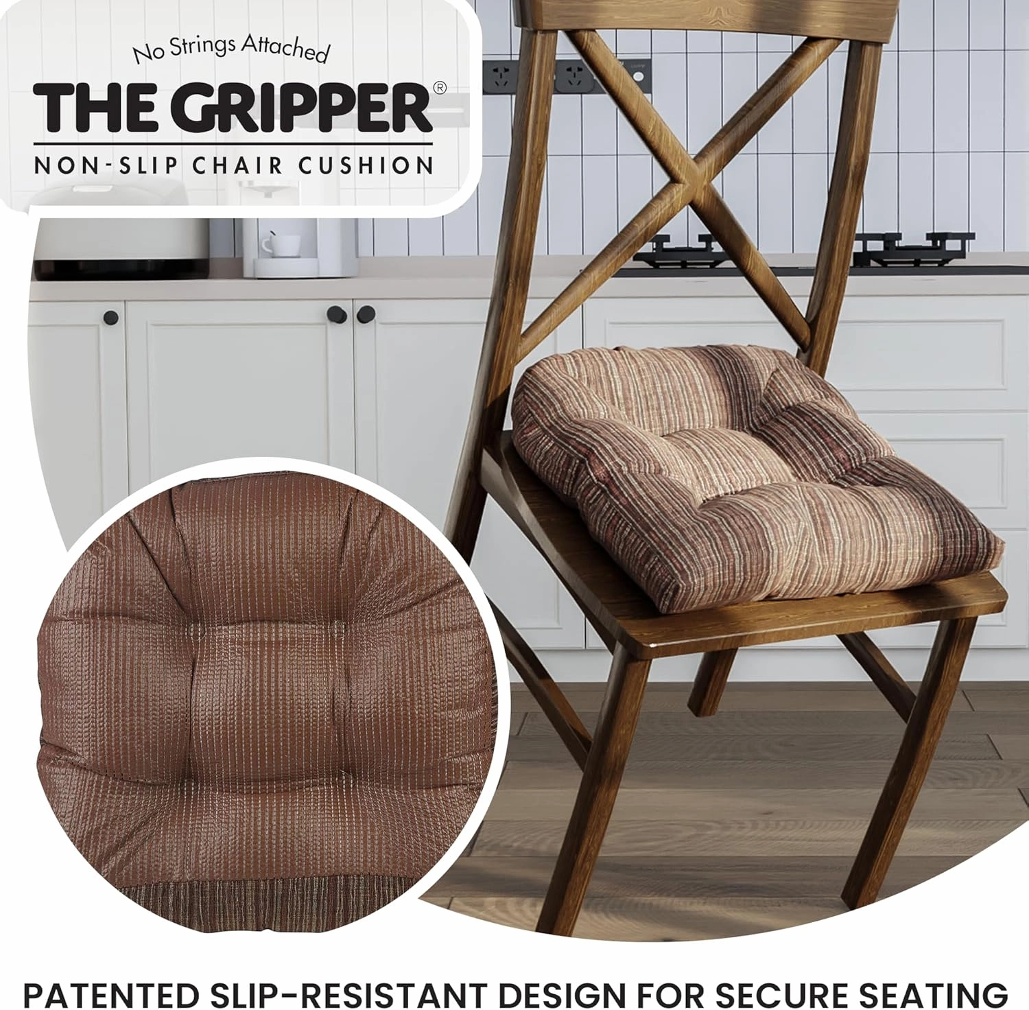Klear Vu Gripper Overstuffed Universal Non-Slip Dining Chair Cushions for Kitchen Decor, 2 Count (Pack of 1), Chenille Chocolate Brown