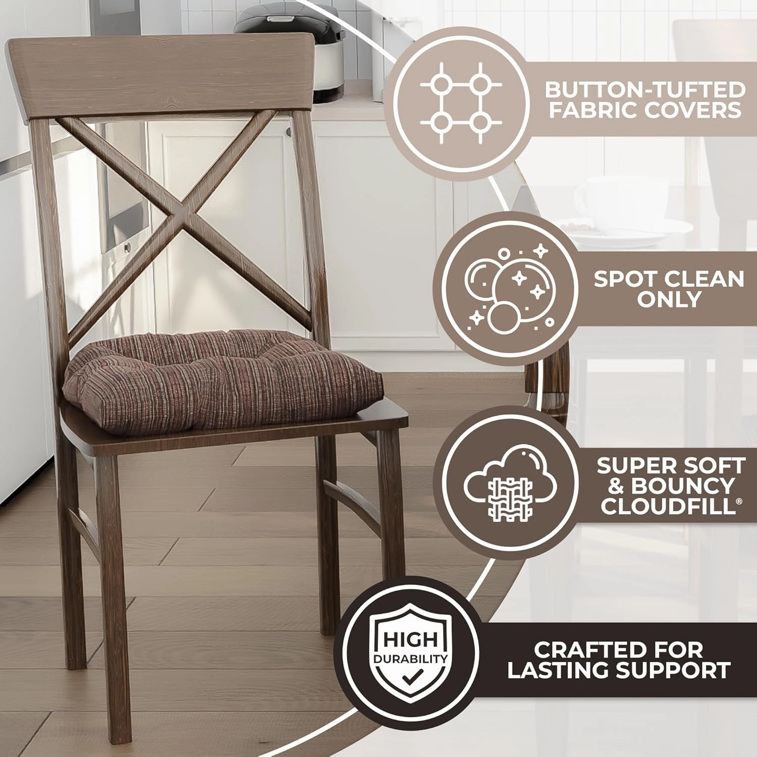 Klear Vu Gripper Overstuffed Universal Non-Slip Dining Chair Cushions for Kitchen Decor, 2 Count (Pack of 1), Chenille Chocolate Brown