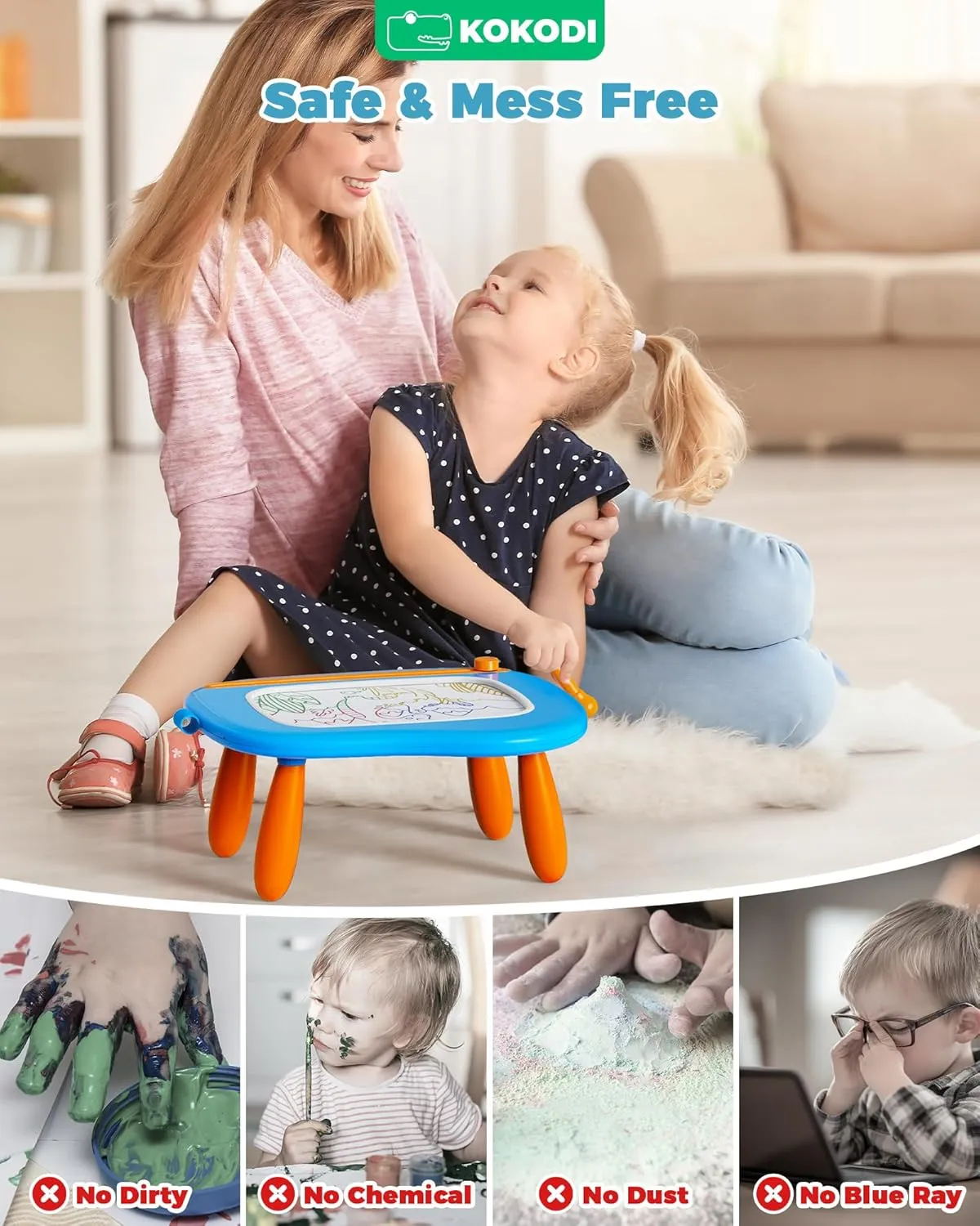 KOKODI Mess-Free Magnetic Drawing, Toddler Girl Toys for 1-2 Year Old, Large Doodle Board Pad Learning and Educational Toys for 1 2 3 Year Old Baby Kids Birthday Gifts(Blue)