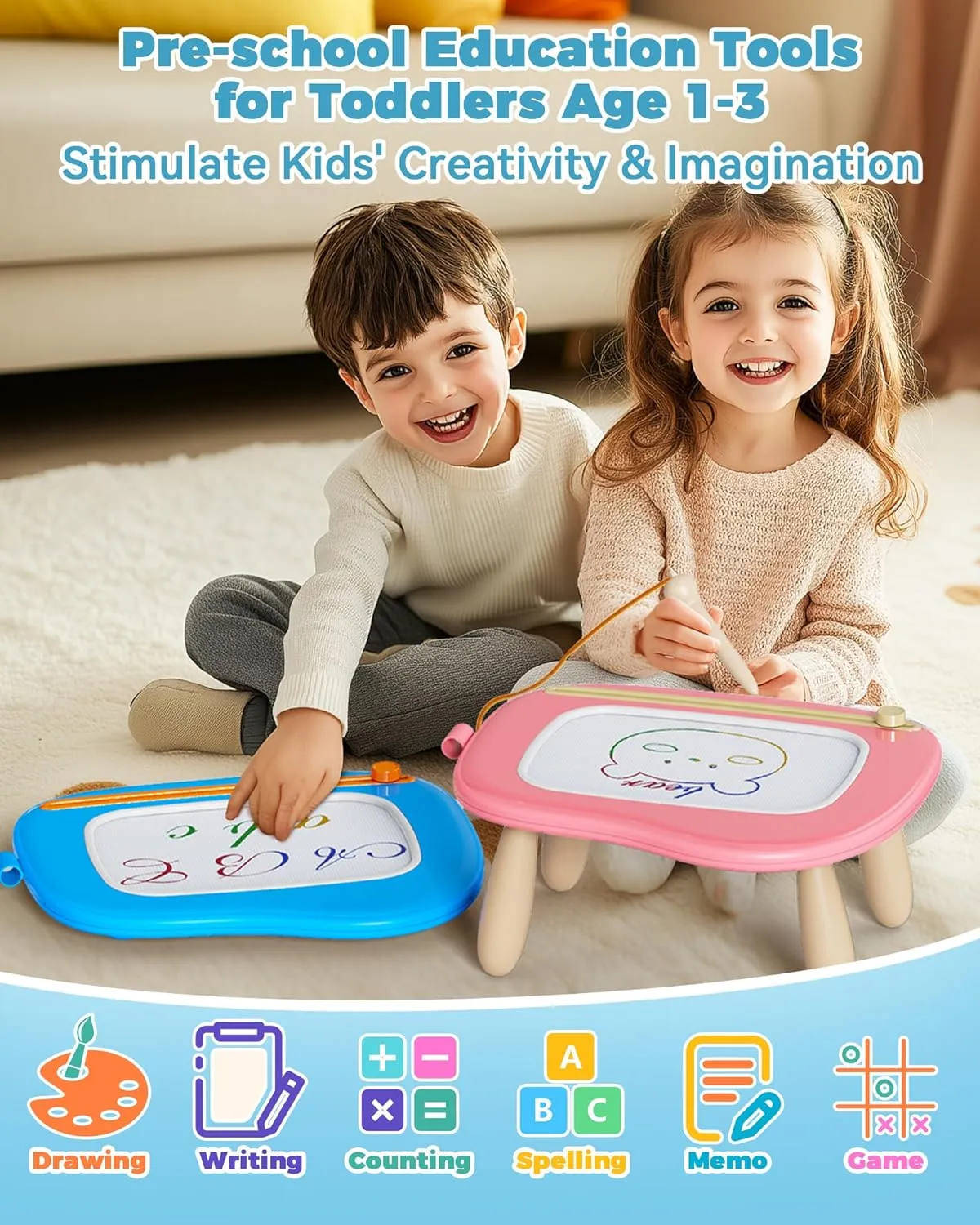 KOKODI Mess-Free Magnetic Drawing, Toddler Girl Toys for 1-2 Year Old, Large Doodle Board Pad Learning and Educational Toys for 1 2 3 Year Old Baby Kids Birthday Gifts(Blue)
