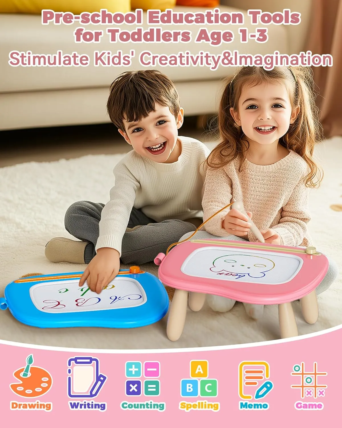 KOKODI Mess-Free Magnetic Drawing, Toddler Girl Toys for 1-2 Year Old, Large Doodle Board Pad Learning and Educational Toys for 1 2 3 Year Old Baby Kids Birthday Gifts(Pink)