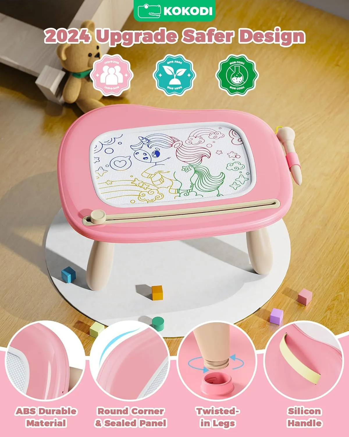 KOKODI Mess-Free Magnetic Drawing, Toddler Girl Toys for 1-2 Year Old, Large Doodle Board Pad Learning and Educational Toys for 1 2 3 Year Old Baby Kids Birthday Gifts(Pink)