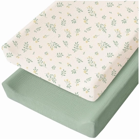 Konssy Muslin Changing Pad Cover for Baby Girls Boys, 100% Cotton Fitted Diaper Chang Table Covers, Soft Breathable Changing Pad Sheets, 2 Pack (Leafy,Green)