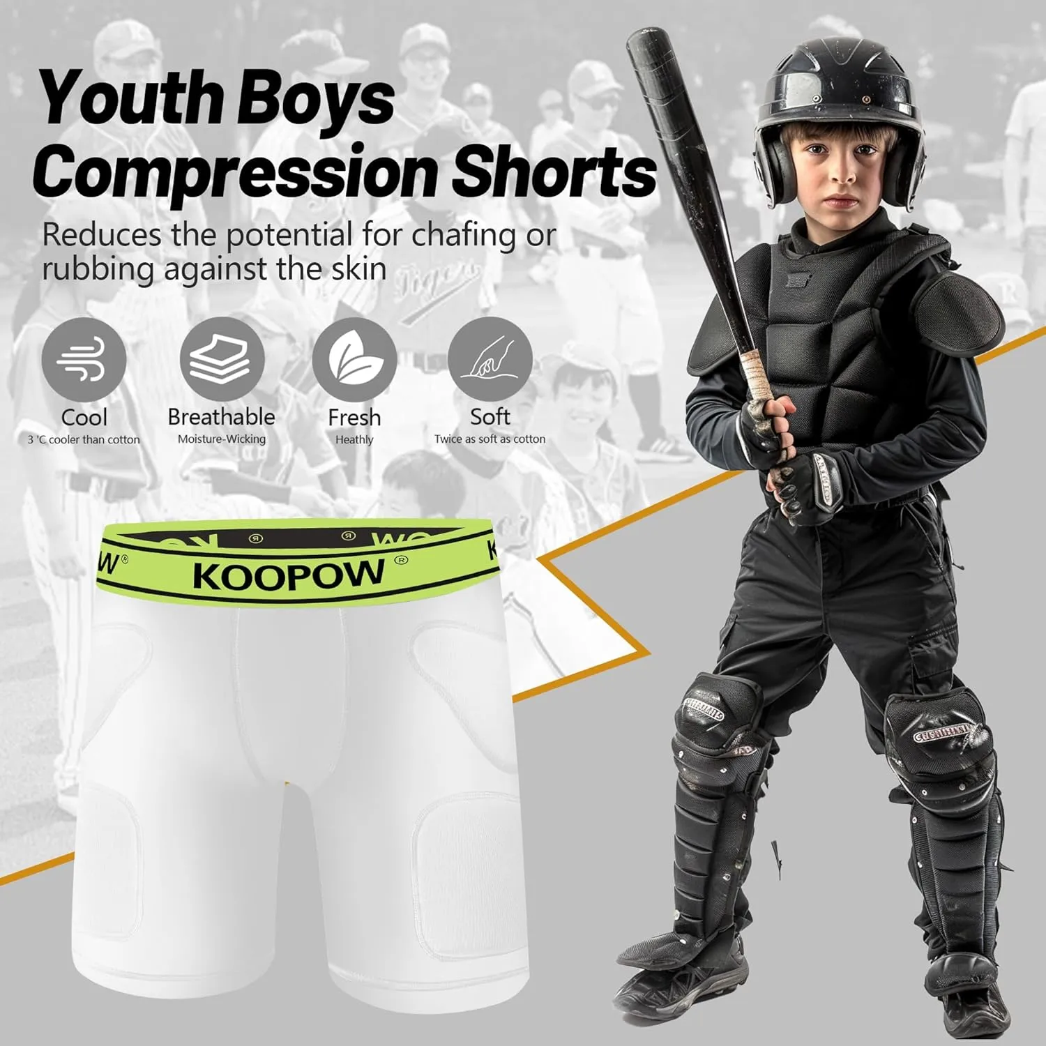 KOOPOW Youth Boys Padded Sliding Shorts Slider Pad with Soft Protective Athletic Cup for Baseball, Football, Lacrosse