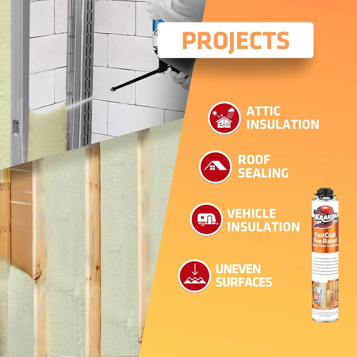 Kraken Bond Fastcoat Spray Foam Insulation Kit - (12x27.1 oz.) Closed Cell Expanding Polyurethane Foam - Heat and Acoustic Insulation, Includes Application Gun & Cleaner, 240 Board Ft, 12 Pack