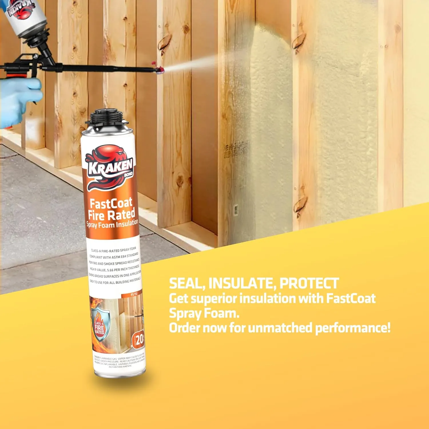 Kraken Bond Fastcoat Spray Foam Insulation Kit - (12x27.1 oz.) Closed Cell Expanding Polyurethane Foam - Heat and Acoustic Insulation, Includes Application Gun & Cleaner, 240 Board Ft, 12 Pack