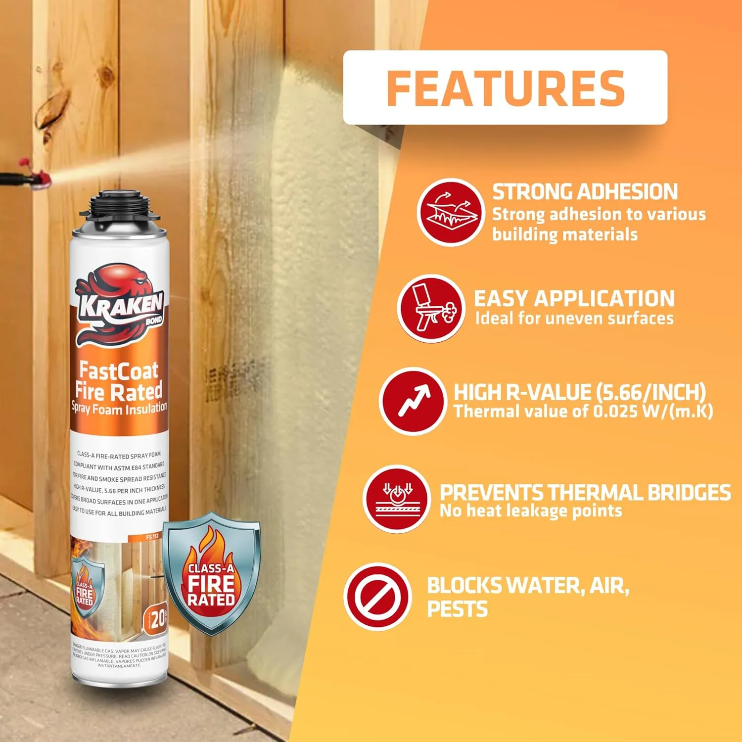 Kraken Bond Fastcoat Spray Foam Insulation Kit - (12x27.1 oz.) Closed Cell Expanding Polyurethane Foam - Heat and Acoustic Insulation, Includes Application Gun & Cleaner, 240 Board Ft, 12 Pack