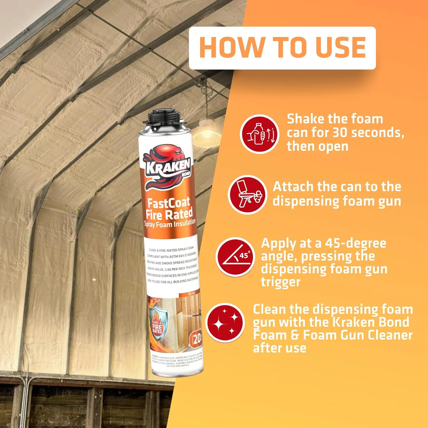Kraken Bond Fastcoat Spray Foam Insulation Kit - (12x27.1 oz.) Closed Cell Expanding Polyurethane Foam - Heat and Acoustic Insulation, Includes Application Gun & Cleaner, 240 Board Ft, 12 Pack