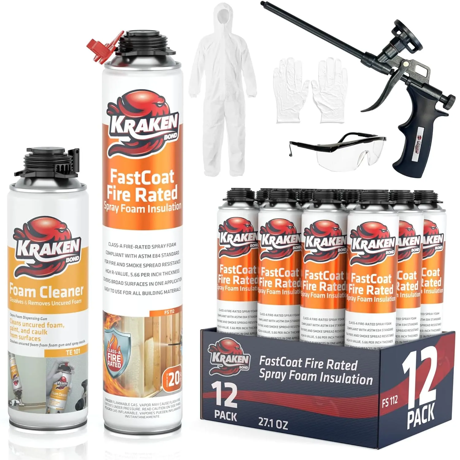 Kraken Bond Fastcoat Spray Foam Insulation Kit - (12x27.1 oz.) Closed Cell Expanding Polyurethane Foam - Heat and Acoustic Insulation, Includes Application Gun & Cleaner, 240 Board Ft, 12 Pack