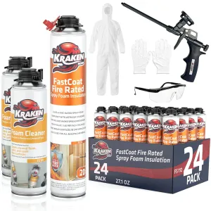 Kraken Bond Fastcoat Spray Foam Insulation Kit - (24x27.1 oz.) Closed Cell Expanding Polyurethane Foam - Heat and Acoustic Insulation, Includes Application Gun & Cleaner, 480 Board Ft, 24 Pack