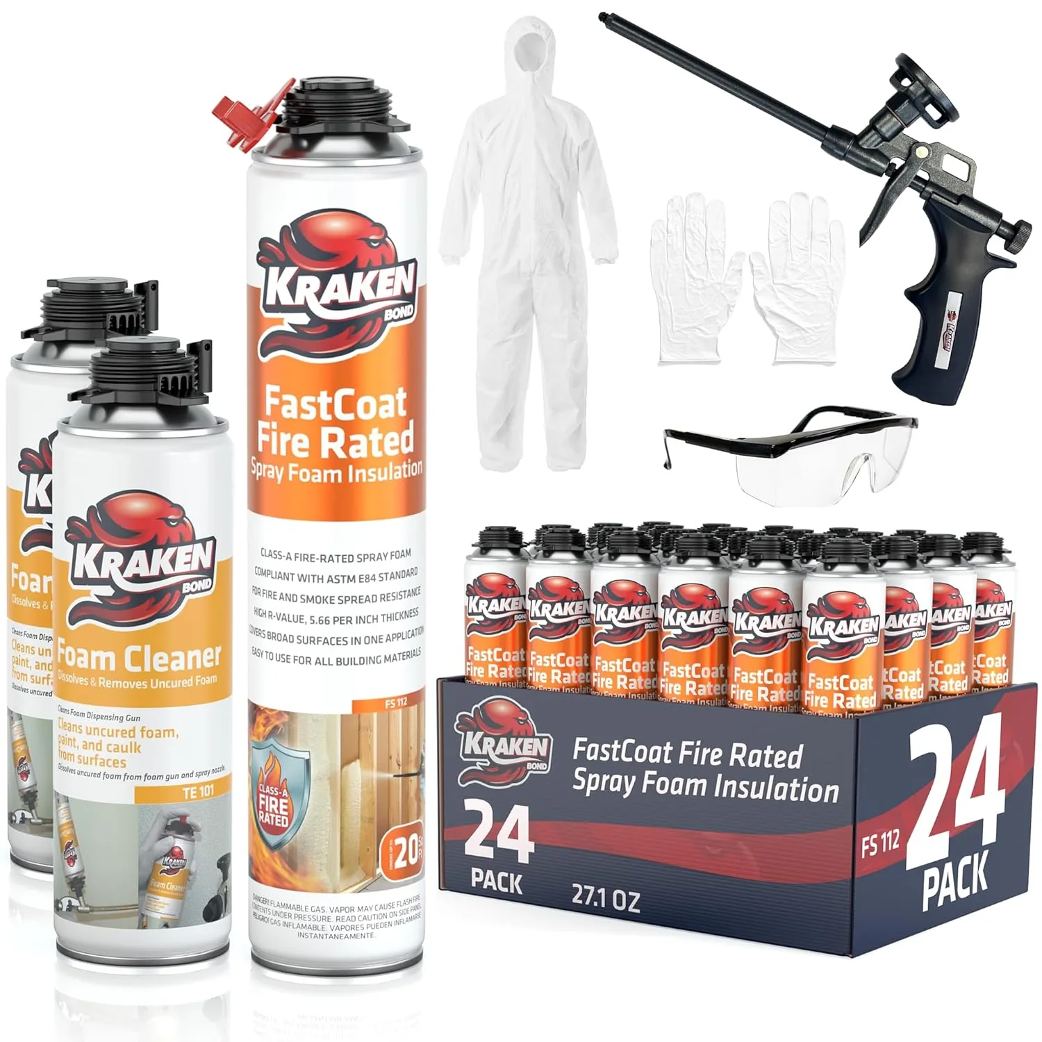 Kraken Bond Fastcoat Spray Foam Insulation Kit - (24x27.1 oz.) Closed Cell Expanding Polyurethane Foam - Heat and Acoustic Insulation, Includes Application Gun & Cleaner, 480 Board Ft, 24 Pack