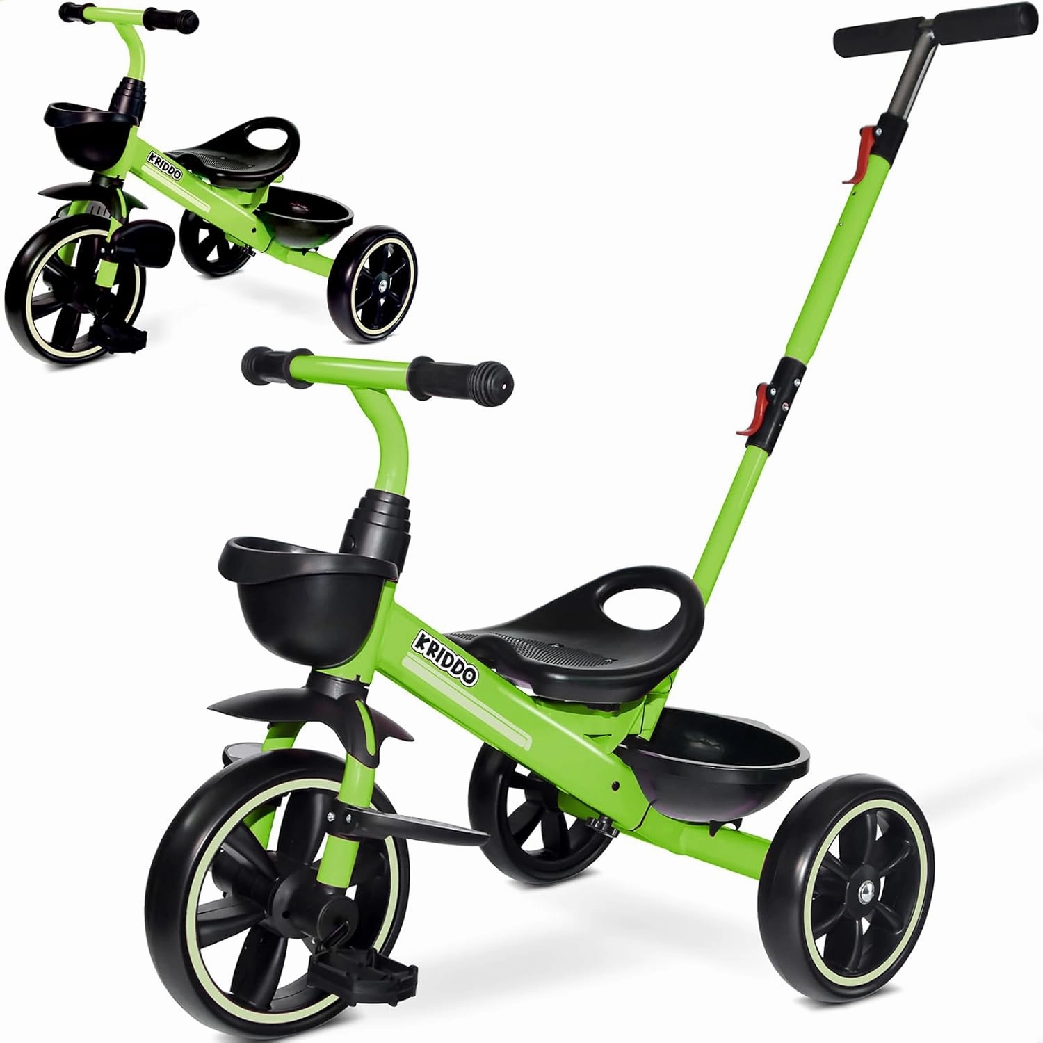 KRIDDO 2-in-1 Toddler Tricycle for Ages 18 Months to 5 Years Old - Extended Push Handle for Effortless Push, Gift Trike for Toddler 3 to 5 Year, Kids Tricycle with Foldable Front Footrest, Green