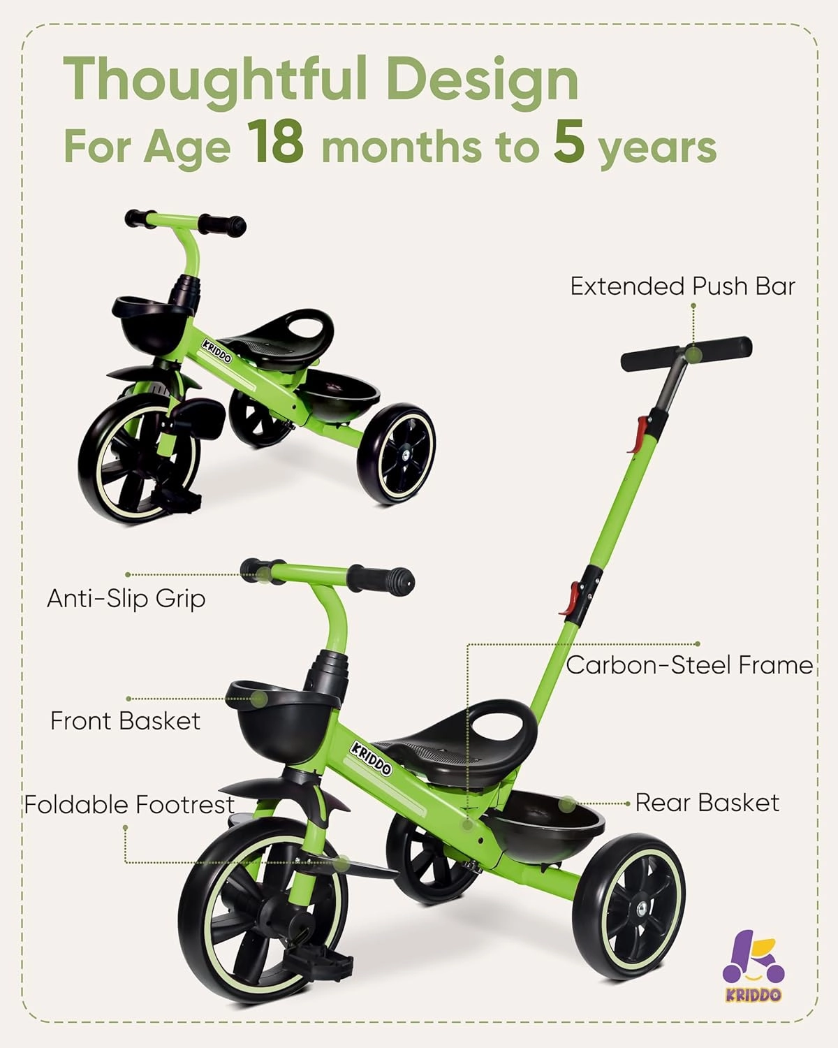 KRIDDO 2-in-1 Toddler Tricycle for Ages 18 Months to 5 Years Old - Extended Push Handle for Effortless Push, Gift Trike for Toddler 3 to 5 Year, Kids Tricycle with Foldable Front Footrest, Green