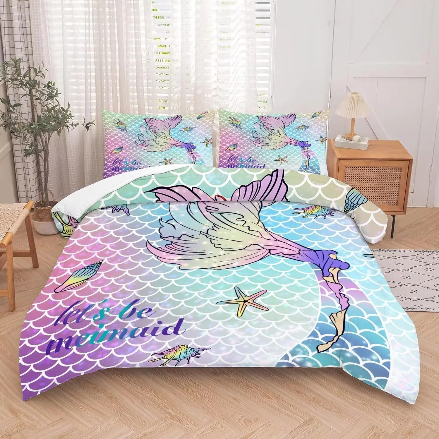 kxry Mermaid Tail Comforter Set Queen Size Gradient Fish Scales Sea Bedding Sets for Girls Teens Kids Ocean Starfish Conch Soft Microfiber Lightweight Comforter Set with 1 Comforter   2 Pillow Cases