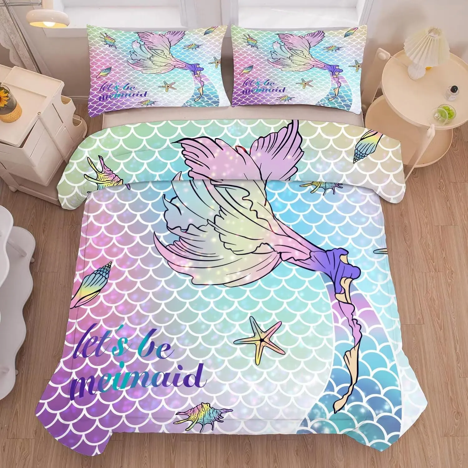 kxry Mermaid Tail Comforter Set Queen Size Gradient Fish Scales Sea Bedding Sets for Girls Teens Kids Ocean Starfish Conch Soft Microfiber Lightweight Comforter Set with 1 Comforter   2 Pillow Cases