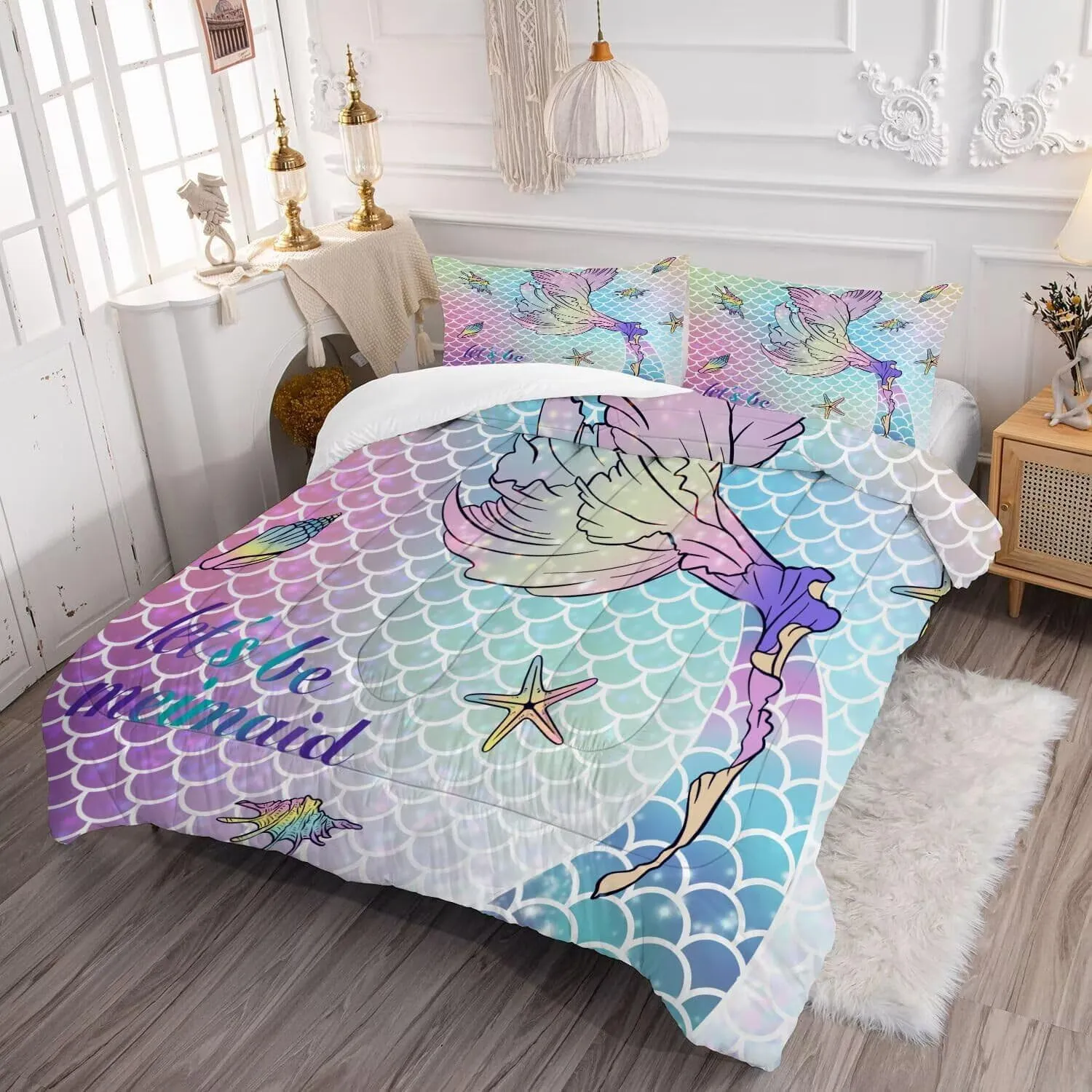 kxry Mermaid Tail Comforter Set Queen Size Gradient Fish Scales Sea Bedding Sets for Girls Teens Kids Ocean Starfish Conch Soft Microfiber Lightweight Comforter Set with 1 Comforter   2 Pillow Cases