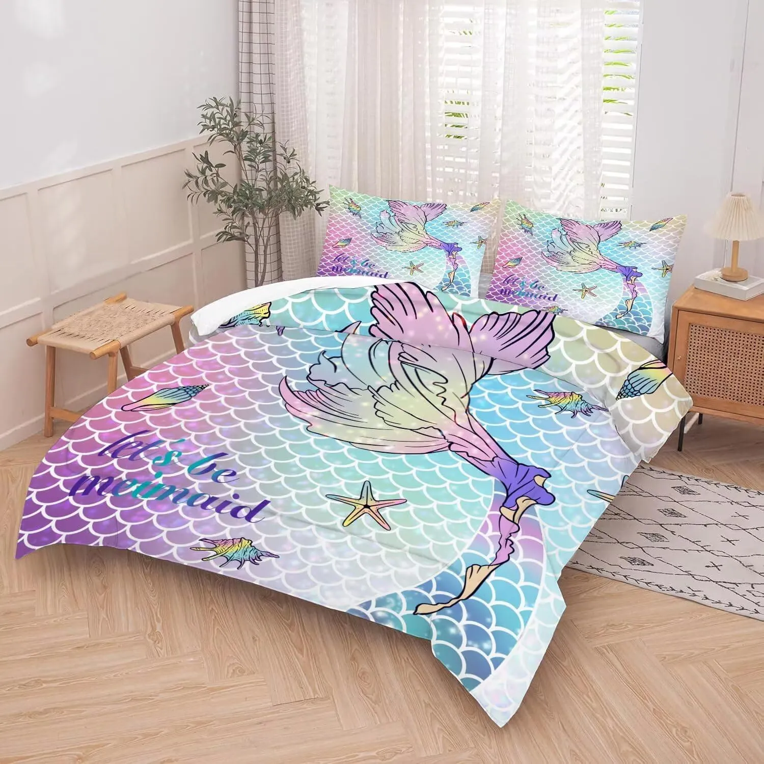 kxry Mermaid Tail Comforter Set Queen Size Gradient Fish Scales Sea Bedding Sets for Girls Teens Kids Ocean Starfish Conch Soft Microfiber Lightweight Comforter Set with 1 Comforter   2 Pillow Cases