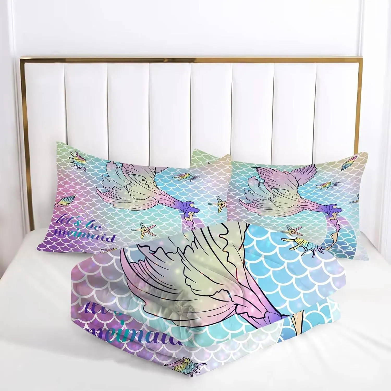 kxry Mermaid Tail Comforter Set Queen Size Gradient Fish Scales Sea Bedding Sets for Girls Teens Kids Ocean Starfish Conch Soft Microfiber Lightweight Comforter Set with 1 Comforter   2 Pillow Cases