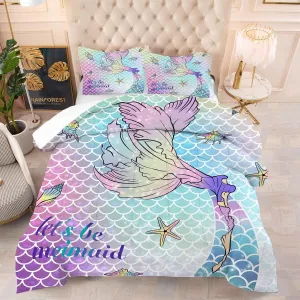 kxry Mermaid Tail Comforter Set Queen Size Gradient Fish Scales Sea Bedding Sets for Girls Teens Kids Ocean Starfish Conch Soft Microfiber Lightweight Comforter Set with 1 Comforter   2 Pillow Cases