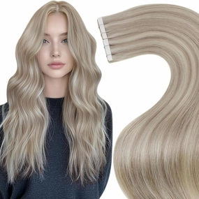 LaaVoo Tape in Hair Extensions Ombre Blonde Tape in Human Hair Extensions Soft Tape in Hair Extensions Straight Balayage Ash Blonde Highlights with Bleach Blonde 20pcs 50g 18inch