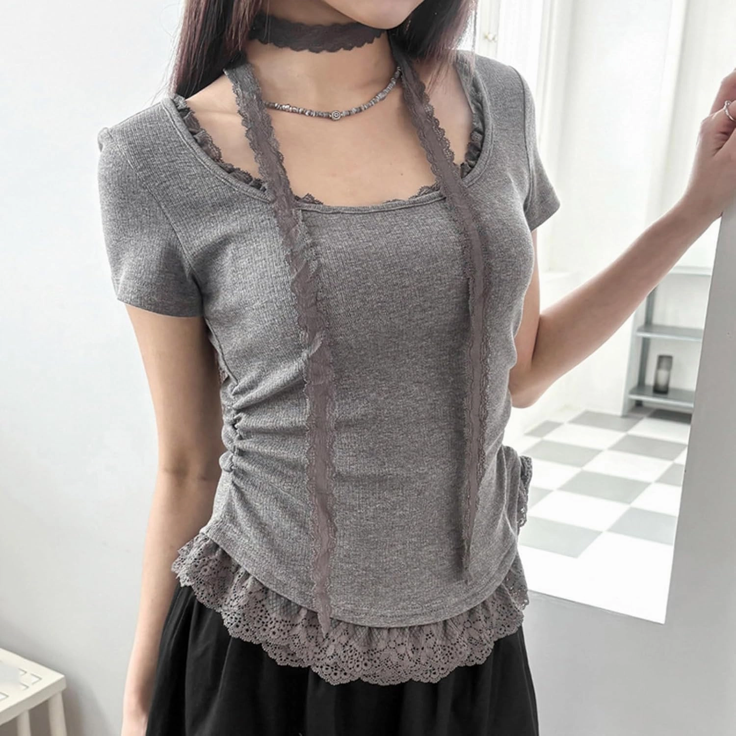 Lace Trim Summer Tops for Women Short Sleeve Slim Fit Scoop Neck with Ruched Sides Neck Tie Cutecore Kawaii Chic