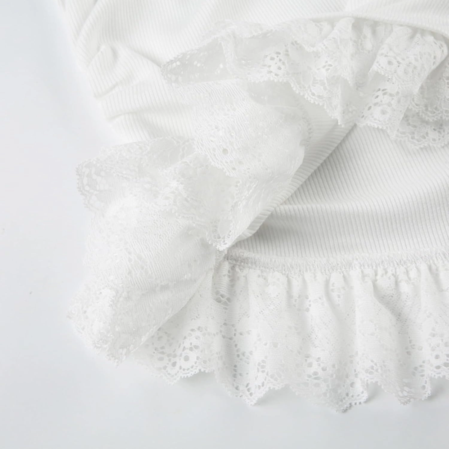 Lace Trim Summer Tops for Women Short Sleeve Slim Fit Scoop Neck with Ruched Sides Neck Tie Cutecore Kawaii Chic