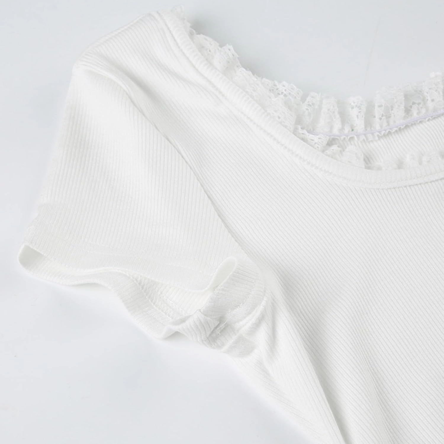 Lace Trim Summer Tops for Women Short Sleeve Slim Fit Scoop Neck with Ruched Sides Neck Tie Cutecore Kawaii Chic