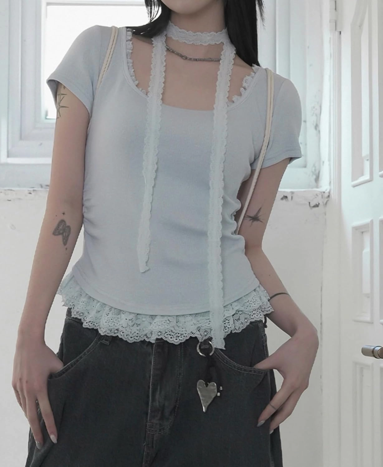 Lace Trim Summer Tops for Women Short Sleeve Slim Fit Scoop Neck with Ruched Sides Neck Tie Cutecore Kawaii Chic