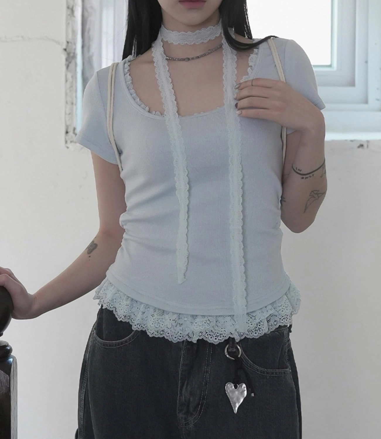 Lace Trim Summer Tops for Women Short Sleeve Slim Fit Scoop Neck with Ruched Sides Neck Tie Cutecore Kawaii Chic