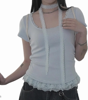 Lace Trim Summer Tops for Women Short Sleeve Slim Fit Scoop Neck with Ruched Sides Neck Tie Cutecore Kawaii Chic