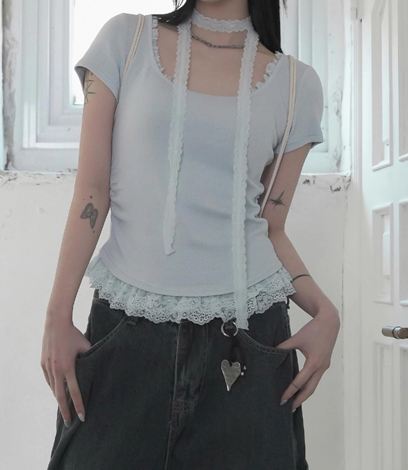 Lace Trim Summer Tops for Women Short Sleeve Slim Fit Scoop Neck with Ruched Sides Neck Tie Cutecore Kawaii Chic