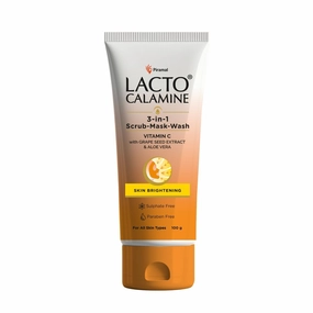 Lacto Calamine 3-in-1 Vitamin C Face Scrub-Mask-Wash for Skin Brightening Effect | 100ml x 1 | Multi-action Vitamin C Face Wash, Scrub, Mask with Kaolin Clay, Grape Seed Extract & Aloe Vera