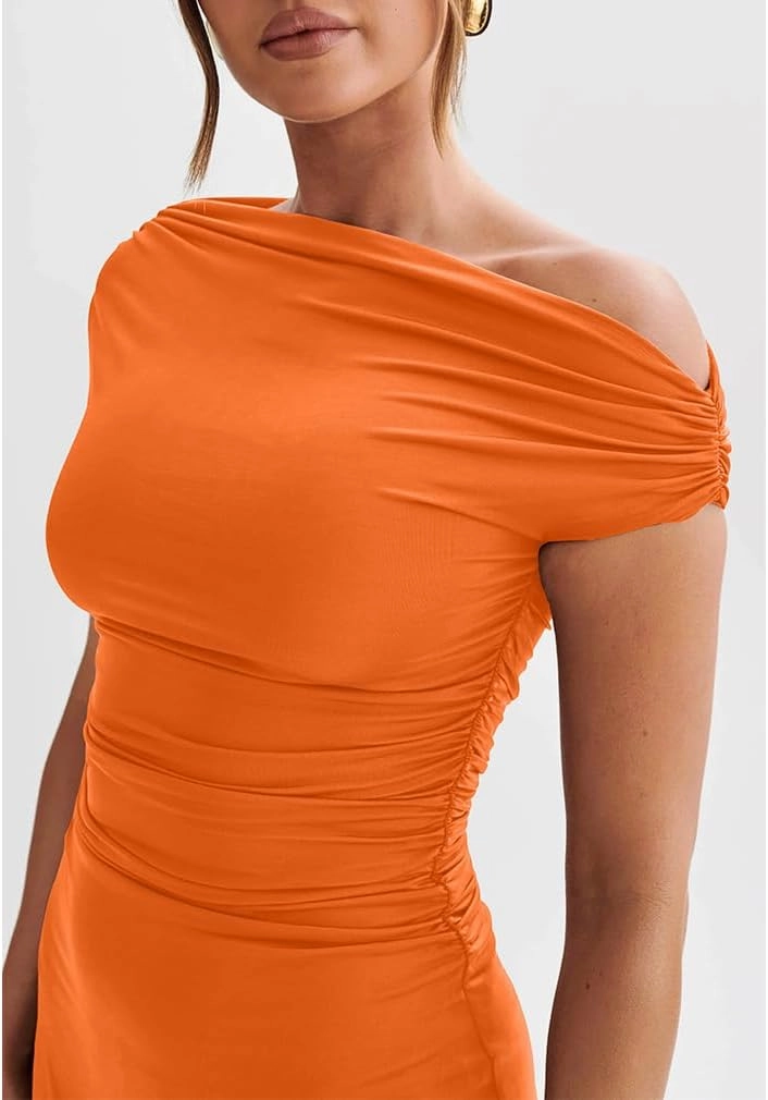 LAGSHIAN Women's Summer Off Shoulder Trendy Ruched Stretch Bodycon Cocktail Party Flare Mini Dress