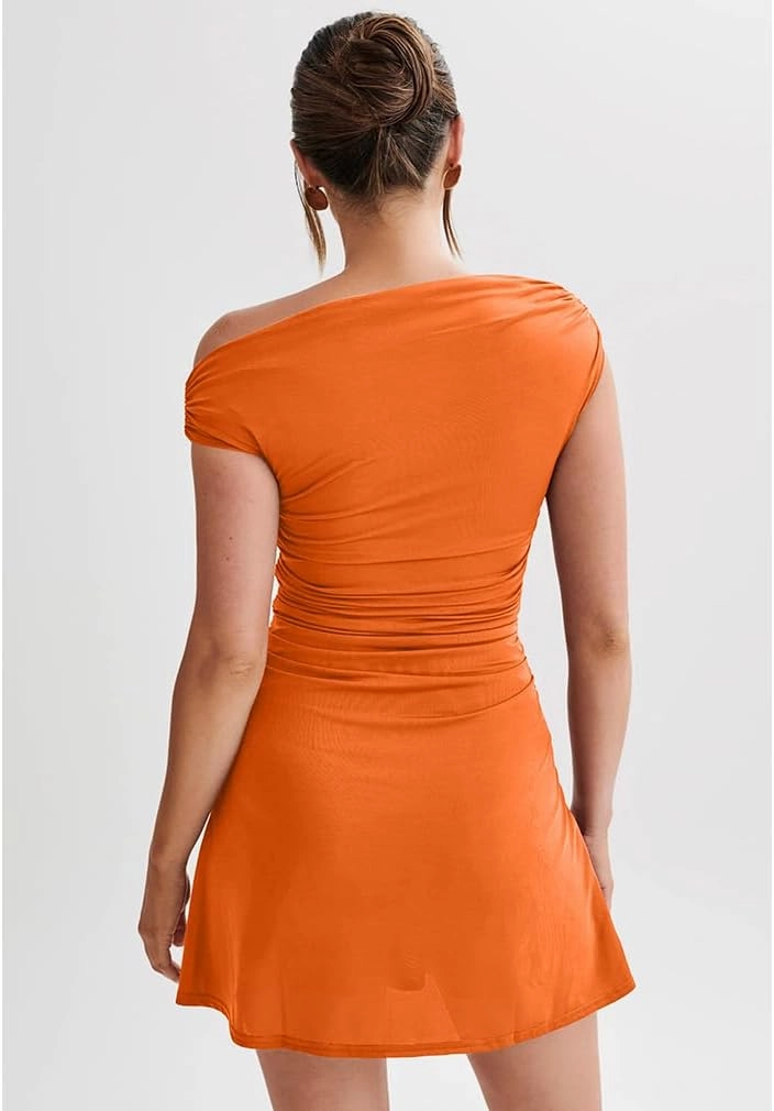 LAGSHIAN Women's Summer Off Shoulder Trendy Ruched Stretch Bodycon Cocktail Party Flare Mini Dress