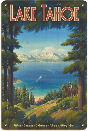 Lake Tahoe California - Riding Boating Swimming Fishing Hiking Golf - Vintage Travel Poster by Kerne Erickson - 8 x 12 inch Vintage Wood Art Sign