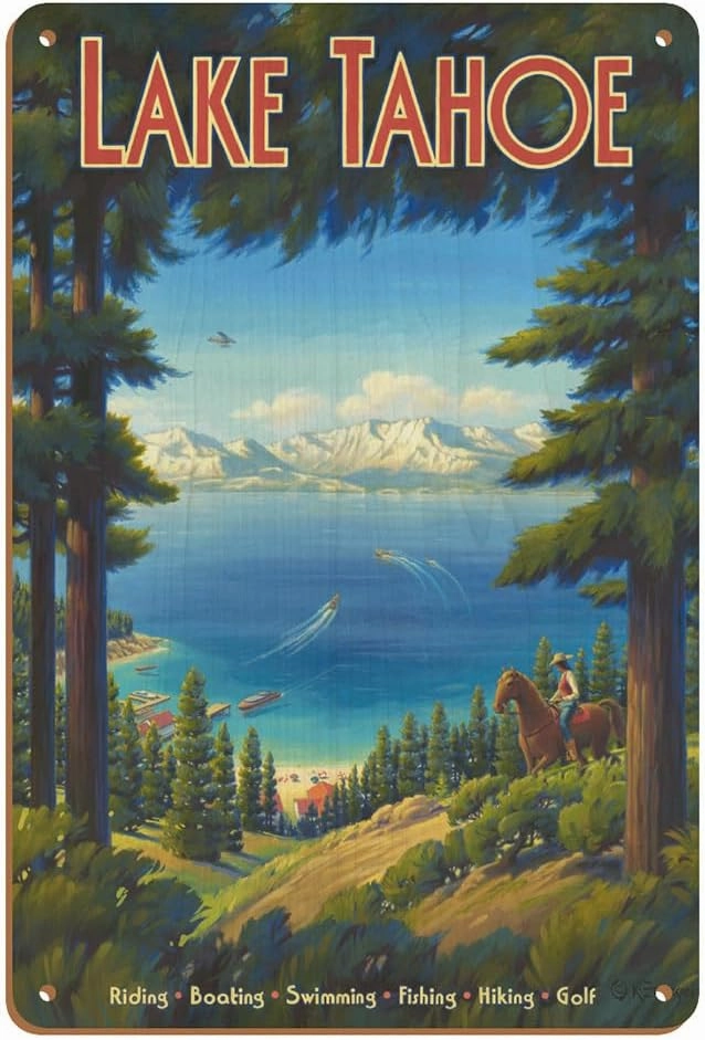Lake Tahoe California - Riding Boating Swimming Fishing Hiking Golf - Vintage Travel Poster by Kerne Erickson - 8 x 12 inch Vintage Wood Art Sign