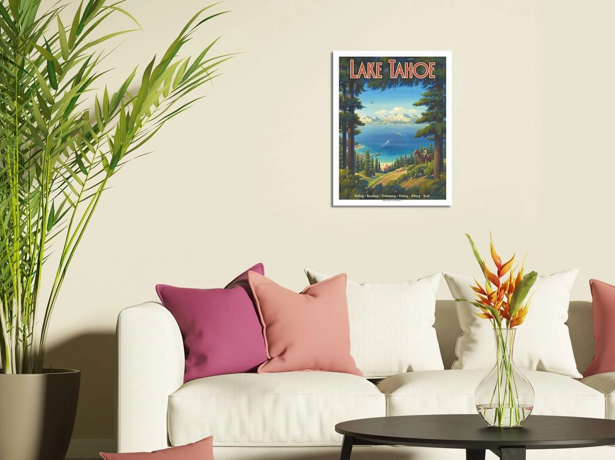 Lake Tahoe California - Riding Boating Swimming Fishing Hiking Golf - Vintage Travel Poster by Kerne Erickson - 8 x 12 inch Vintage Wood Art Sign