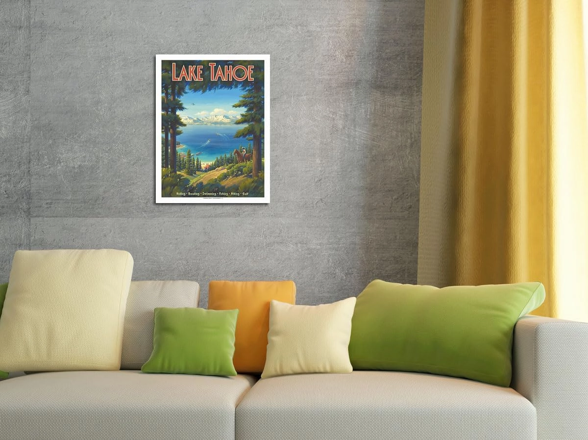 Lake Tahoe California - Riding Boating Swimming Fishing Hiking Golf - Vintage Travel Poster by Kerne Erickson - 8 x 12 inch Vintage Wood Art Sign