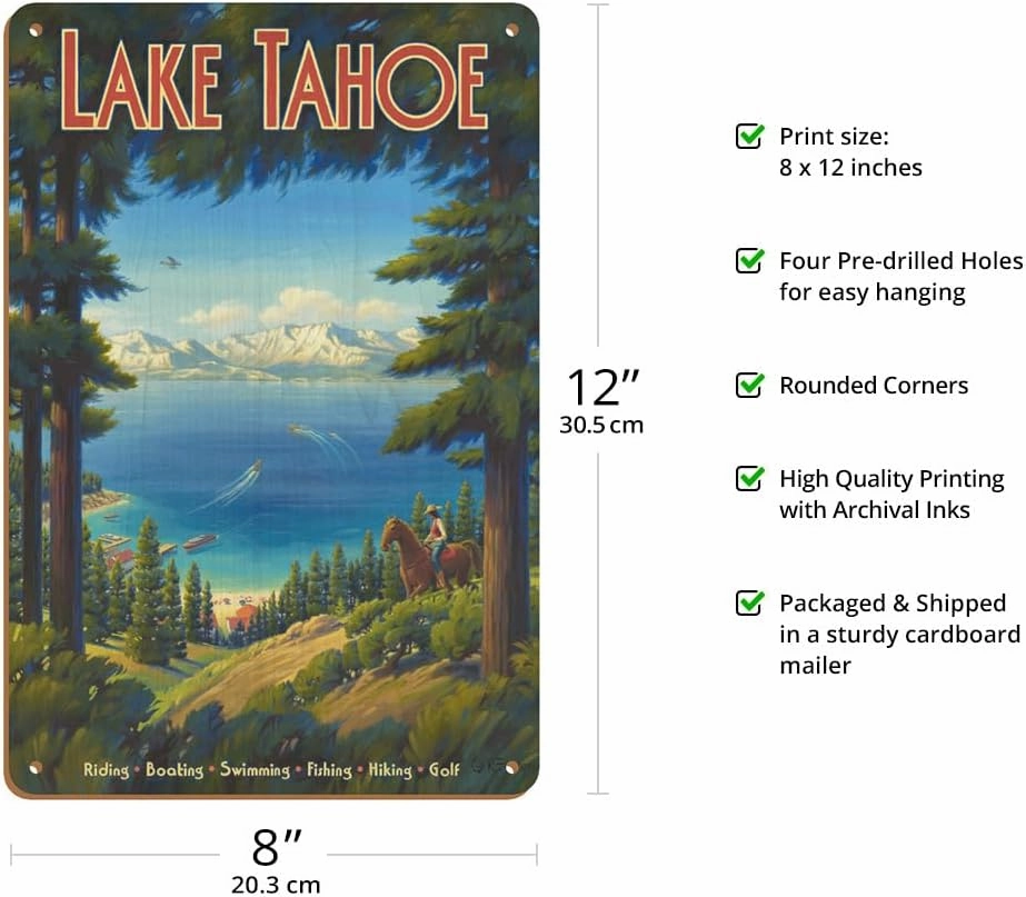 Lake Tahoe California - Riding Boating Swimming Fishing Hiking Golf - Vintage Travel Poster by Kerne Erickson - 8 x 12 inch Vintage Wood Art Sign