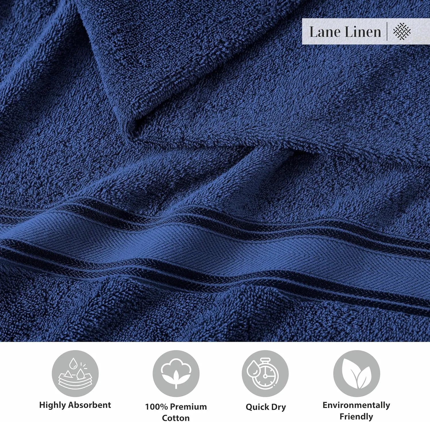 LANE LINEN 100% Cotton Luxury Bathroom Towel Set - 18 Pcs - Zero Twist, Quick Dry, Super Soft & Absorbent - 6 Bath, 6 Washcloths, 6 Hand Towels - Remains Fluffy Even After Multiple Washes - Navy Blue