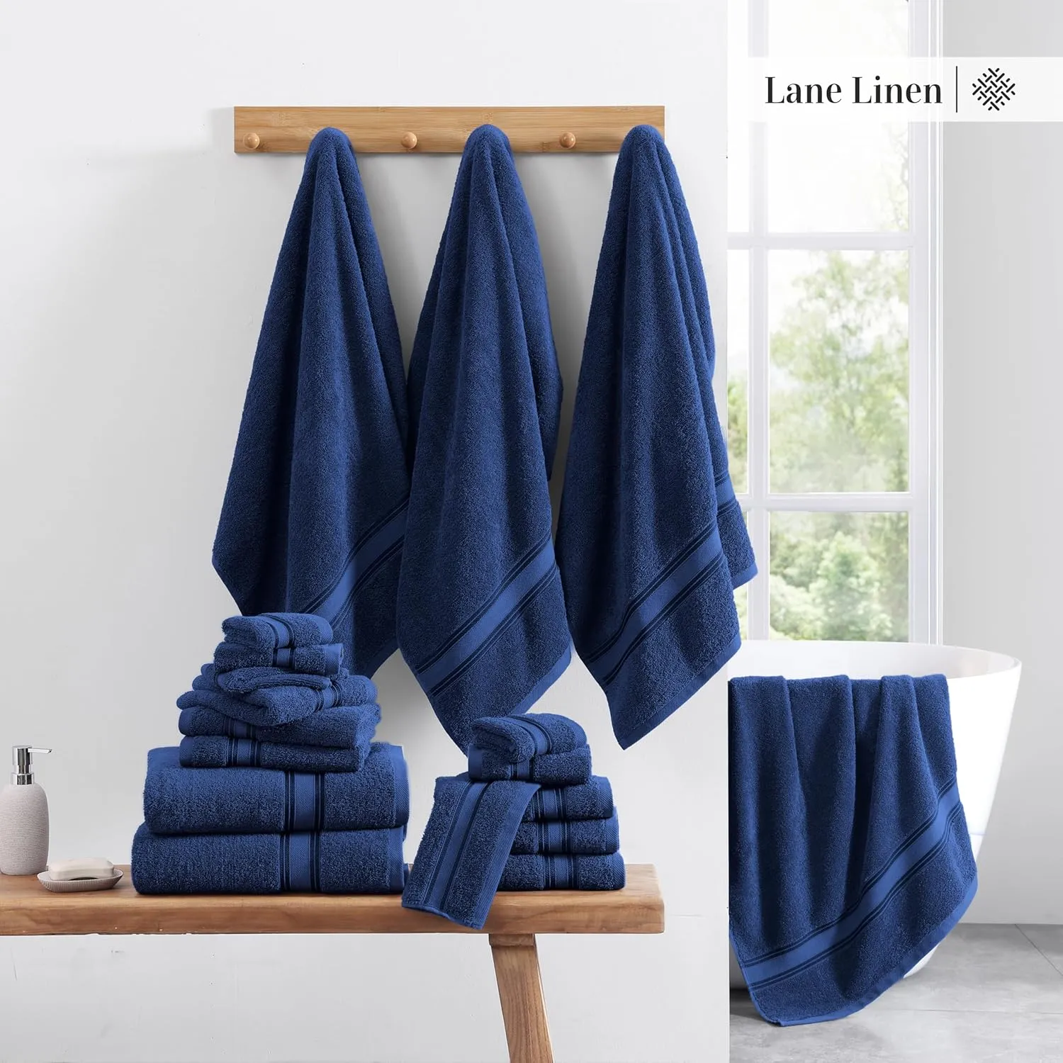 LANE LINEN 100% Cotton Luxury Bathroom Towel Set - 18 Pcs - Zero Twist, Quick Dry, Super Soft & Absorbent - 6 Bath, 6 Washcloths, 6 Hand Towels - Remains Fluffy Even After Multiple Washes - Navy Blue