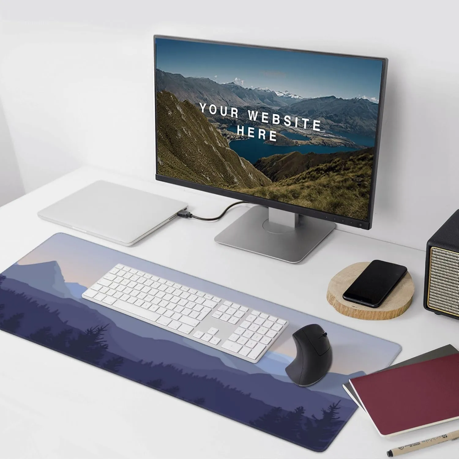 Large Gaming Mouse Pad Mountain Forest Scenery Mouse Pad with Stitched Edges & Nonslip Rubber Base Extended XXL Long Mousepad Big Desk Mat for Company Office Work, 35.4 x 15.7 in