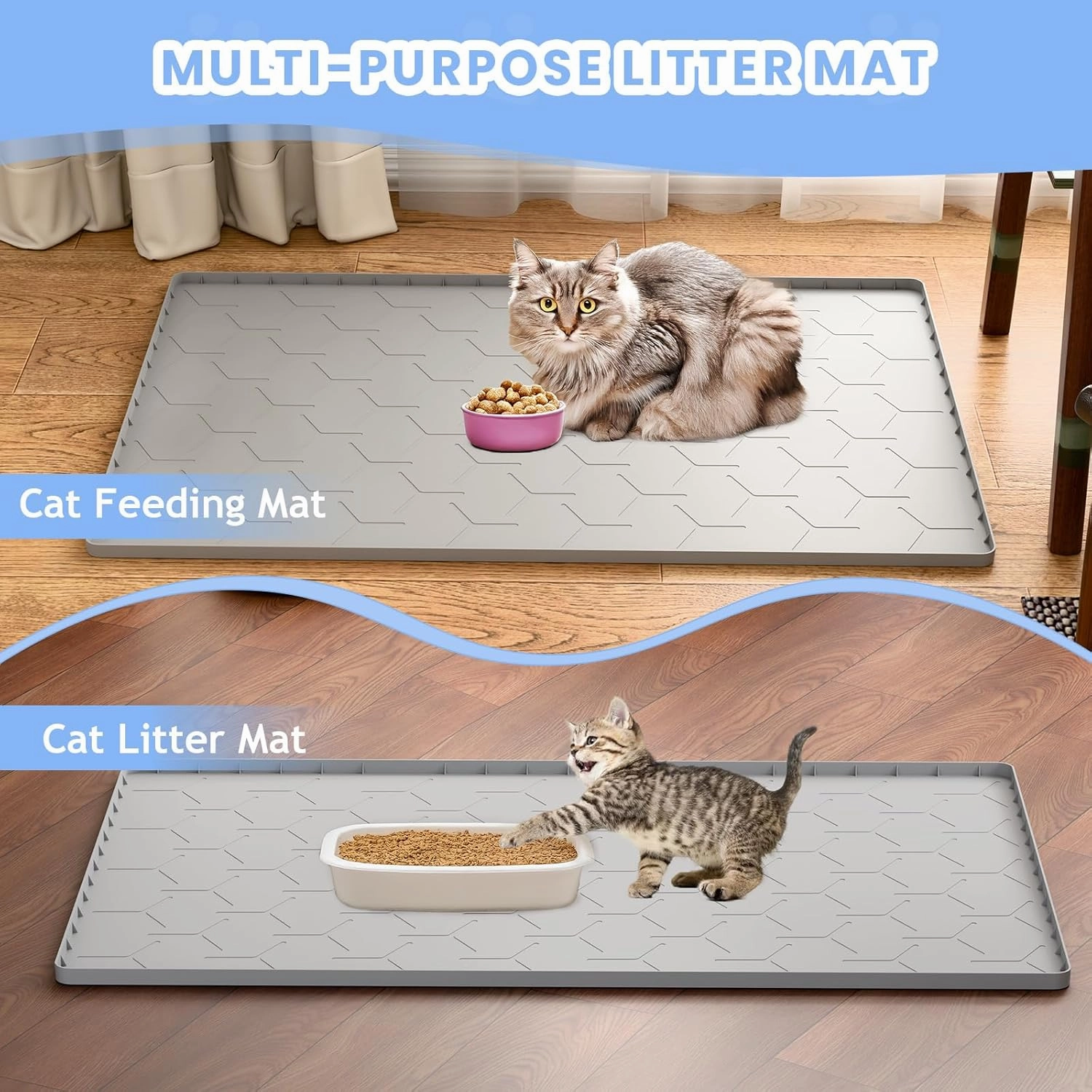 Large Silicone Cat Litter Mat: Easy to Clean Kitty Scratch Pad Soft and Waterproof Litter Box Trapping Mat (22"X34"- Grey)