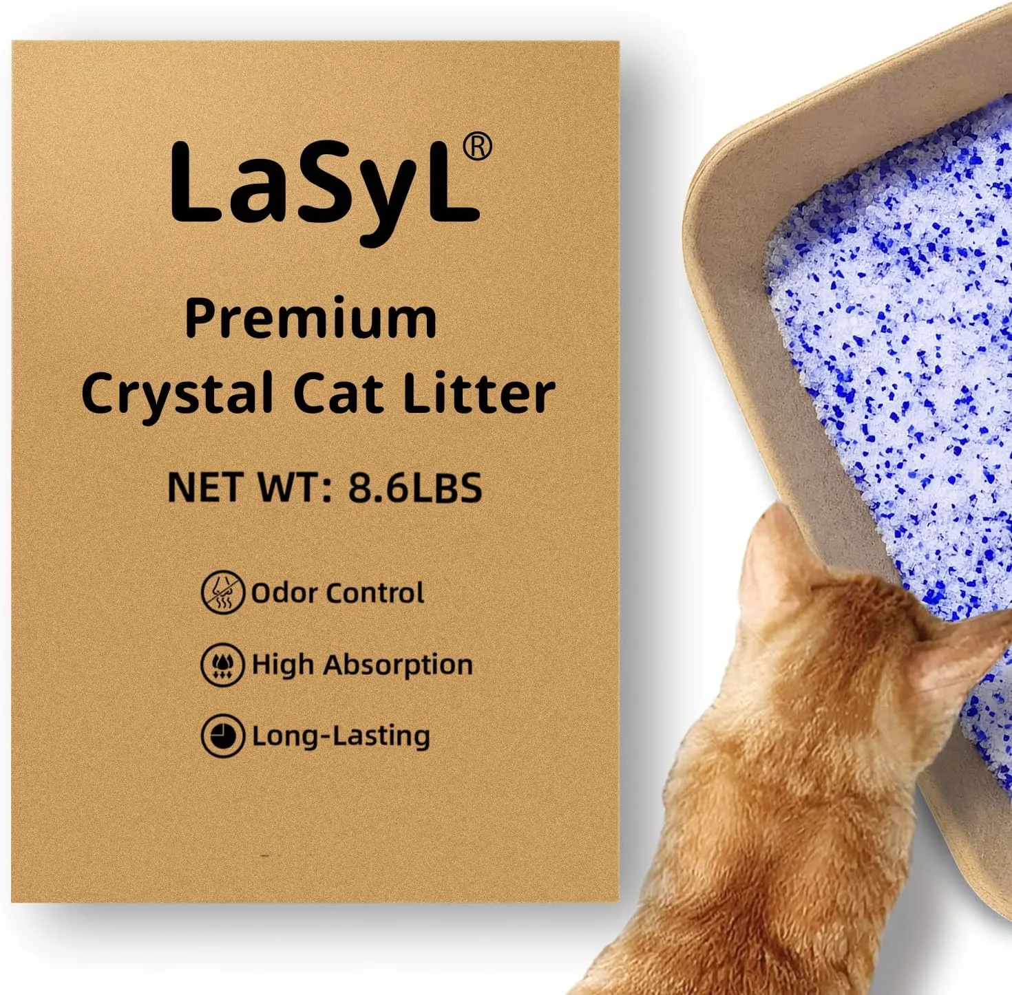 LaSyL Premium Crystal Cat Litter - 8.6 lb, Two Months Lasting - Superior Odor Control & Absorption, Non-Clumping, Low Tracking Silica Gel Safe for Pet, White & Blue (2 Bags of 4.3 lb)