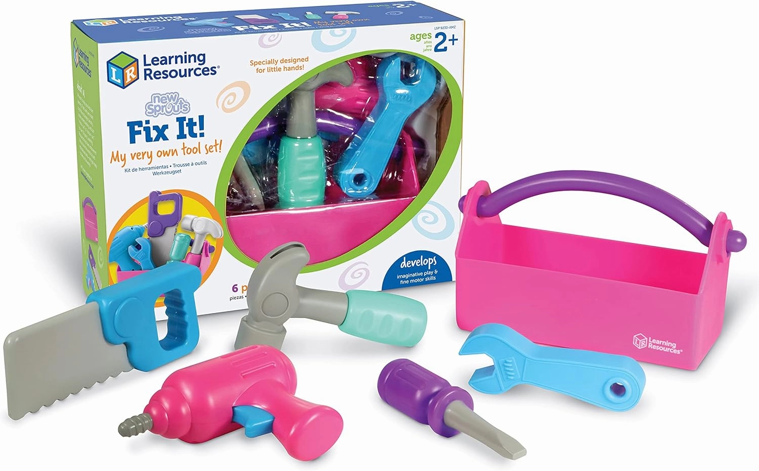 Learning Resources New Sprouts Fix It!, Pink Pretend Play Toy Tool Set for Toddlers, Develops Fine Motor Skills with Imaginative Construction Tools, Gift for Boys and Girls, 6 Pieces, Ages 2 