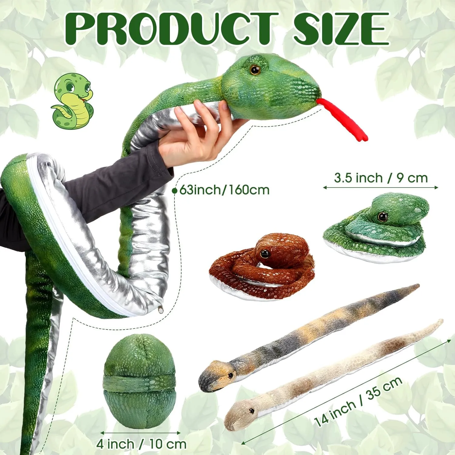 Leitee 7 Pcs Snake Plush Toy Set 63 Inch Large Mommy Snake Stuffed Animal with Cute Baby and Eggs in Zippered Belly for Kids Birthday Forest Party Favors Prank Props Bedroom Decors(Charming Style)