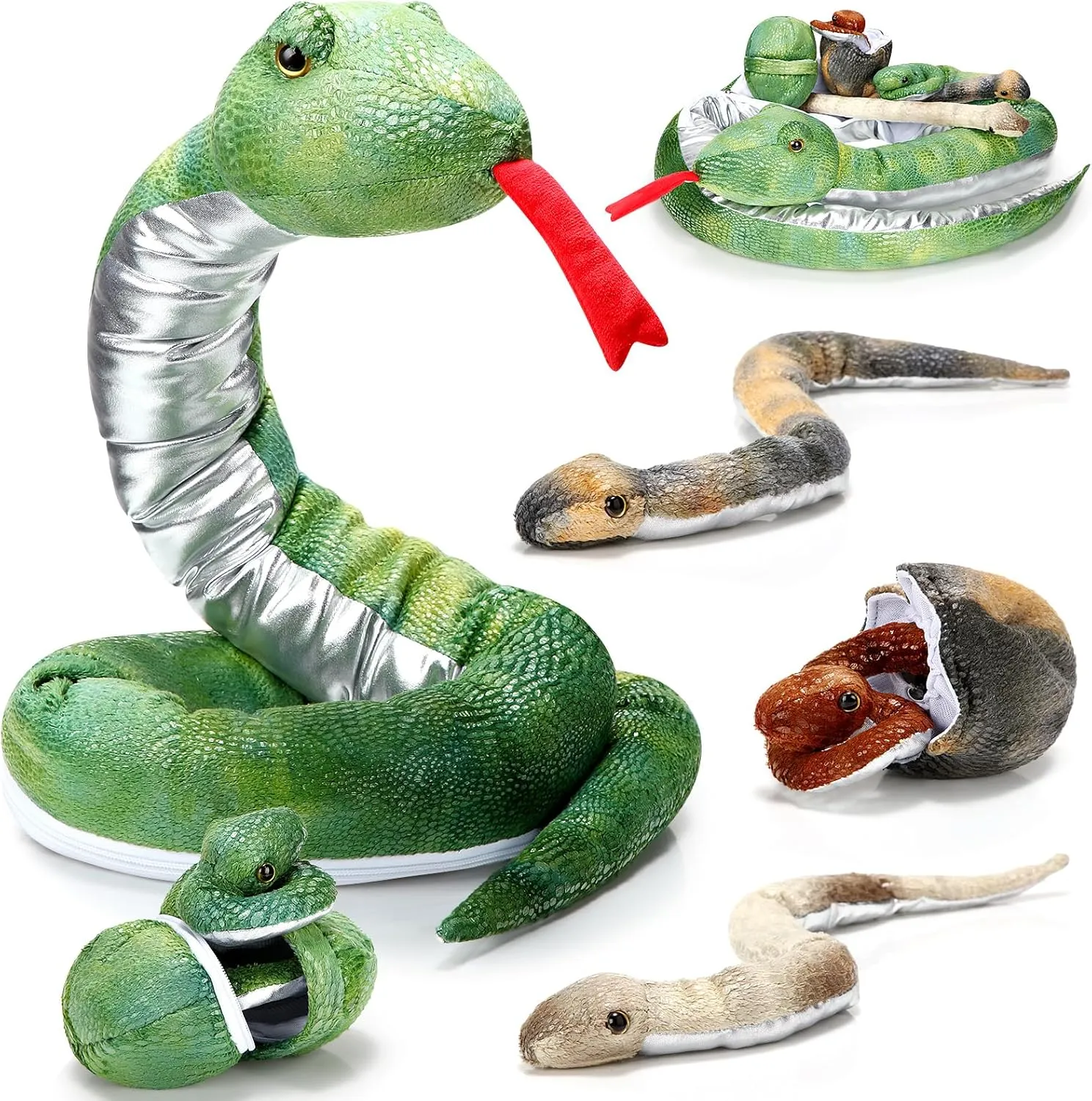 Leitee 7 Pcs Snake Plush Toy Set 63 Inch Large Mommy Snake Stuffed Animal with Cute Baby and Eggs in Zippered Belly for Kids Birthday Forest Party Favors Prank Props Bedroom Decors(Charming Style)